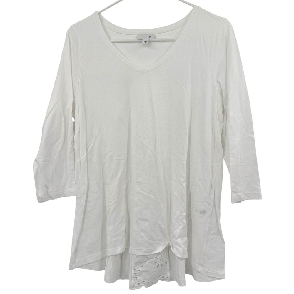 J.Jill Size Medium Mid Length Sleeve White Top Shirt Blouse Eyelet Panel on Back